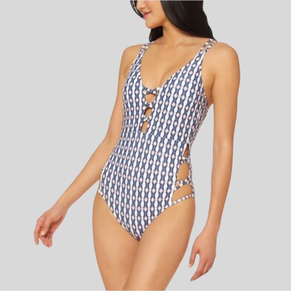 Jessica Simpson Venice Beach Print Plunging One-Piece Swimsuit